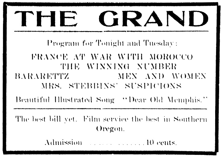Grand Theater ad, August 17, 1908, Medford Daily Tribune