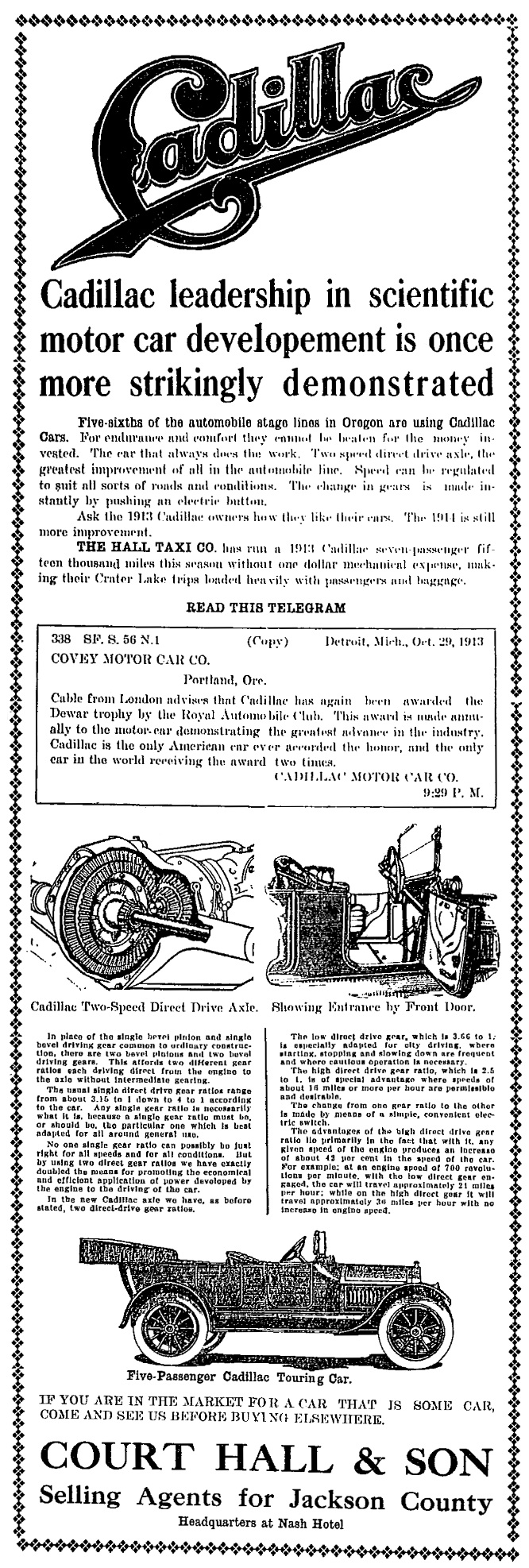 Hall Cadillac ad, November 3, 1913, Medford Mail