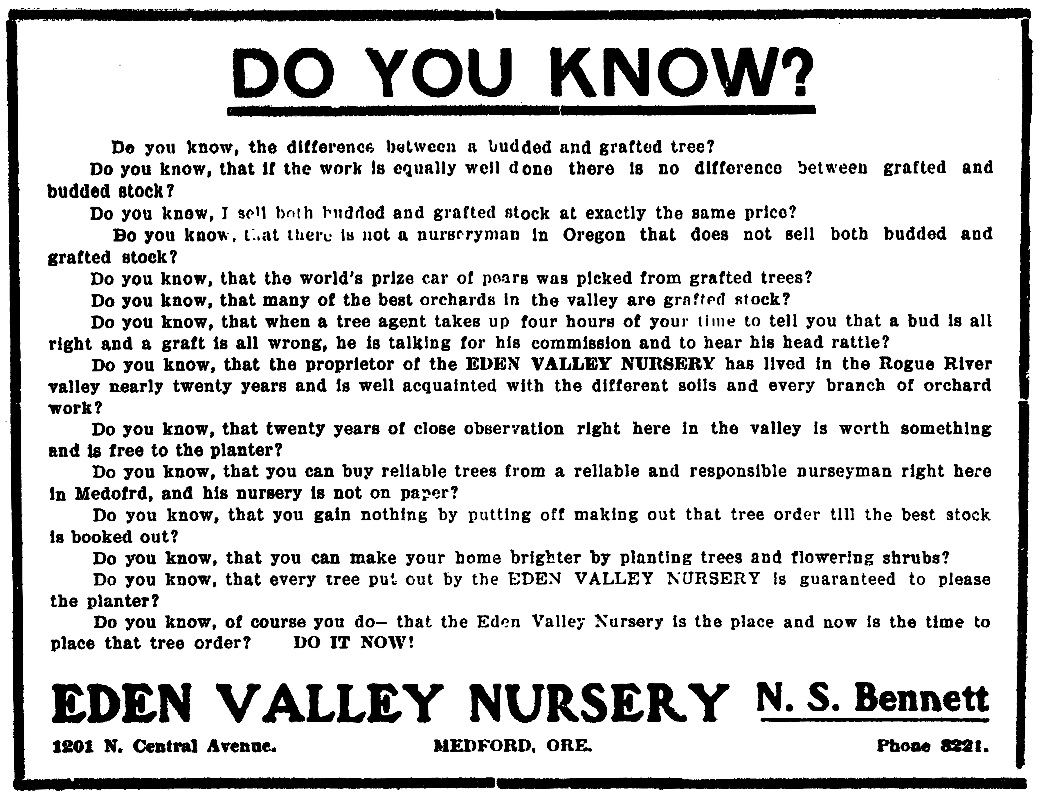 Eden Valley Nursery ad, August 20, 1909 Medford Mail