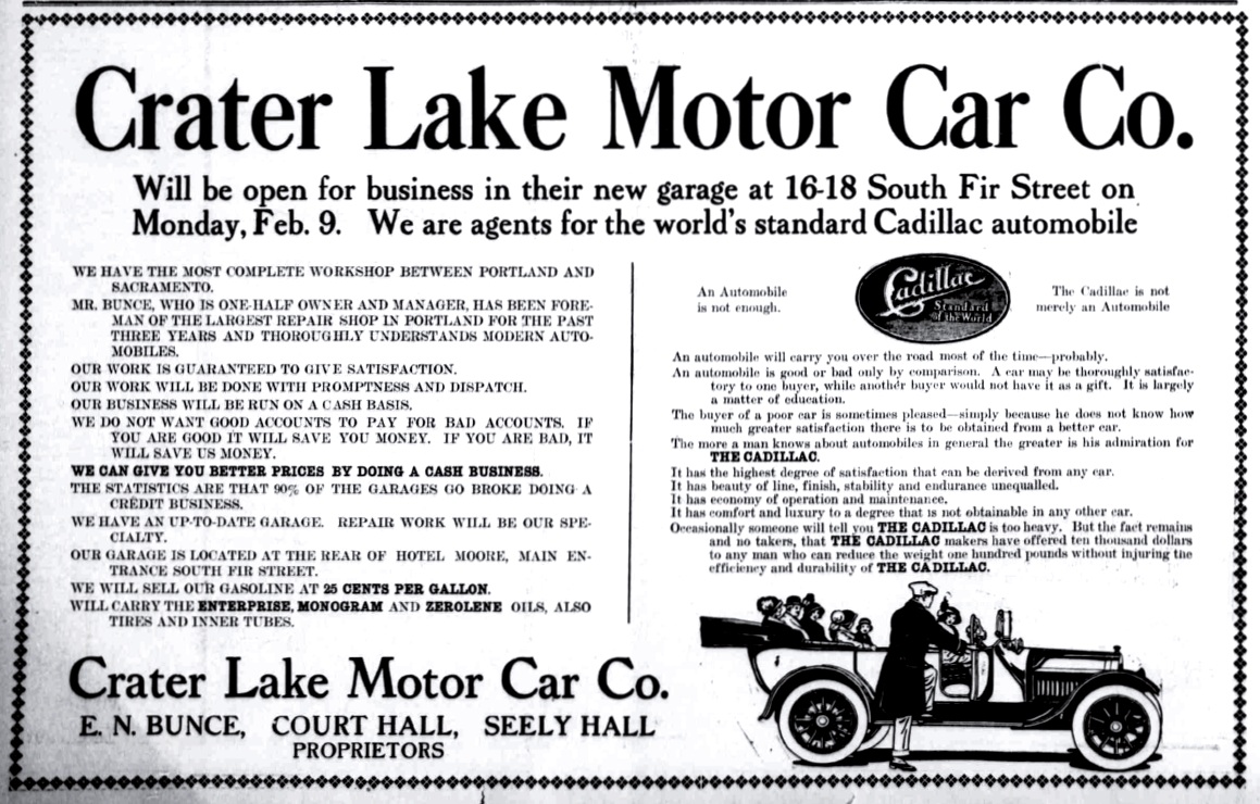 Crater Lake Motors ad, February 7, 1914 Medford Mail Tribune