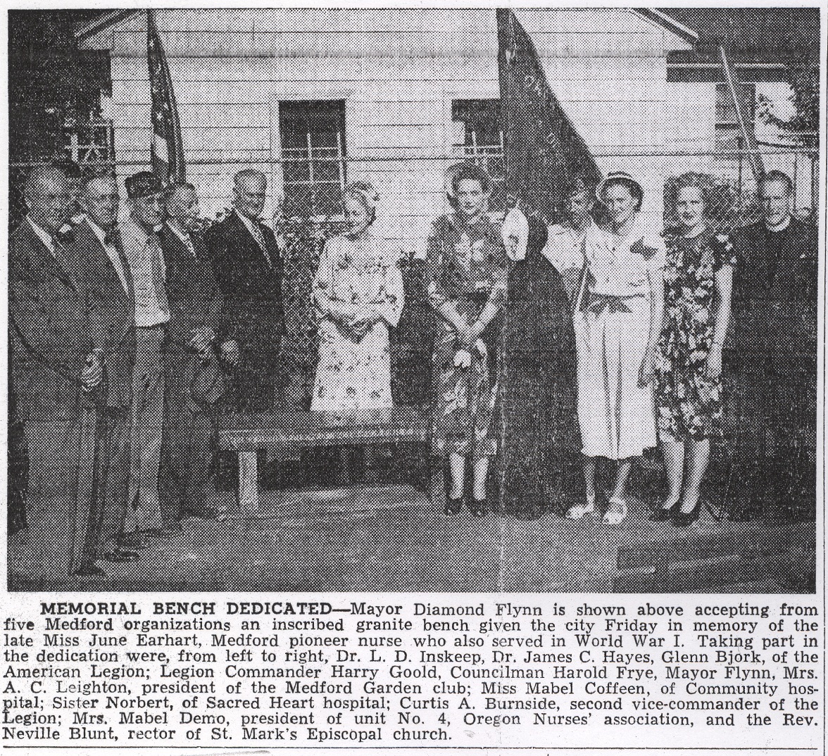 Dedication of the June Earhart bench, Hawthorne Park, July 24, 1949 Medford Mail Tribune.
