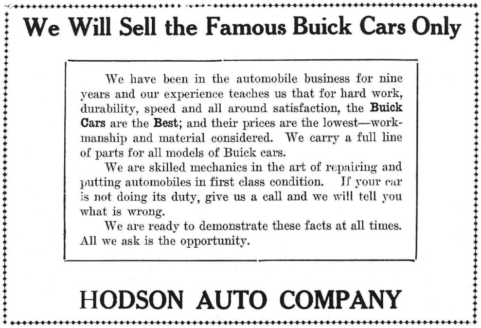 Hodson Auto Company ad, April 1909 Medford's Magazine