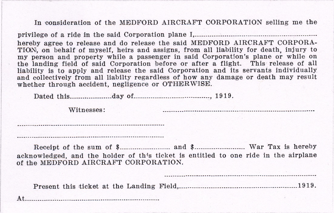 Medford Aircraft Medford Aircraft Corporation ticket, 1919