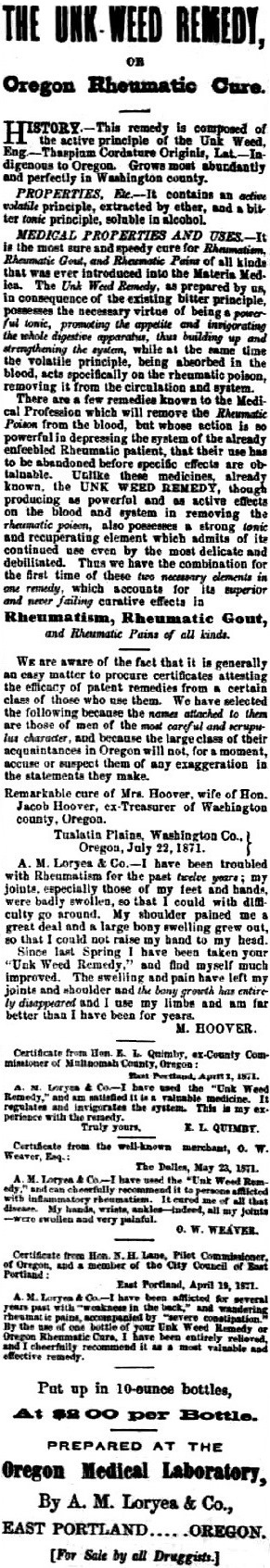 Unk Weed Remedy ad, September 7, 1872 Oregon Sentinel