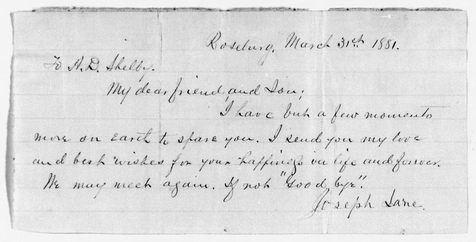 Joseph Lane's last letter, March 1881