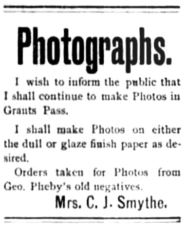 Mrs. C. J. Smythe ad, July 3, 1902 Rogue River Courier