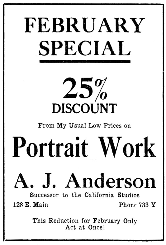 A. J. Anderson ad, January 31, 1927 Medford Mail Tribune