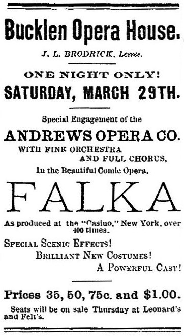 Andrews Opera Company, March 29, 1890 Elkhart Indiana Daily Review