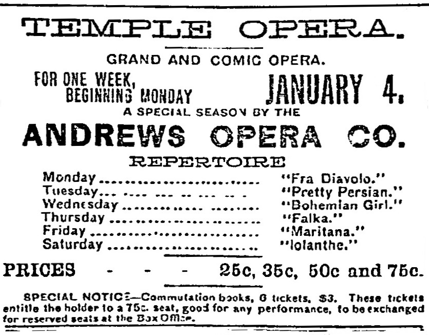 Andrews Opera Company, December 27, 1891 Duluth News-Tribune