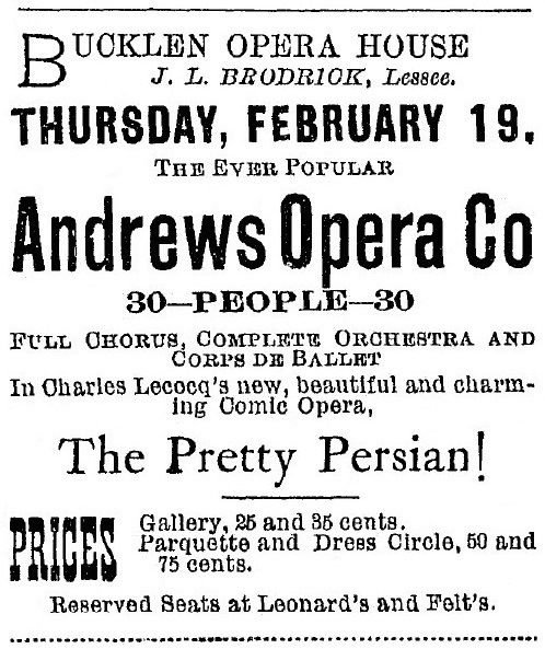 Andrews Opera Company, February 16, 1891 Elkhart Indiana Daily Review
