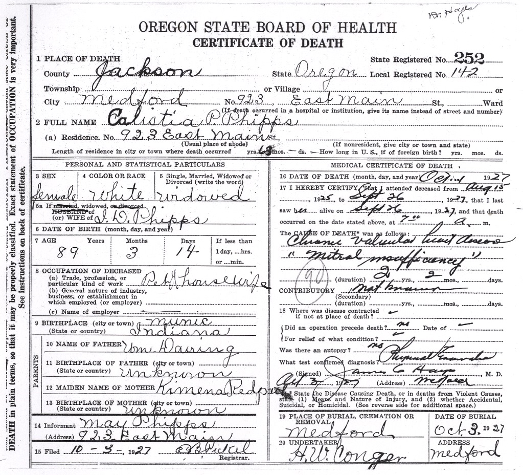 Calistia Phipps death certificate, October 1, 1927