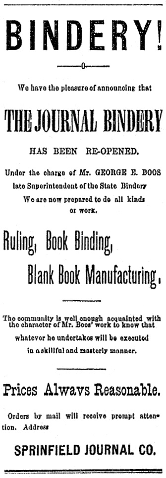 George E. Boos bindery ad, February 3, 1879 Illinois State Journal