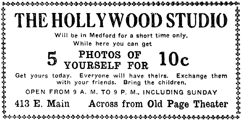 Hollywood Photo Studio ad, March 30, 1928 Medford Mail Tribune