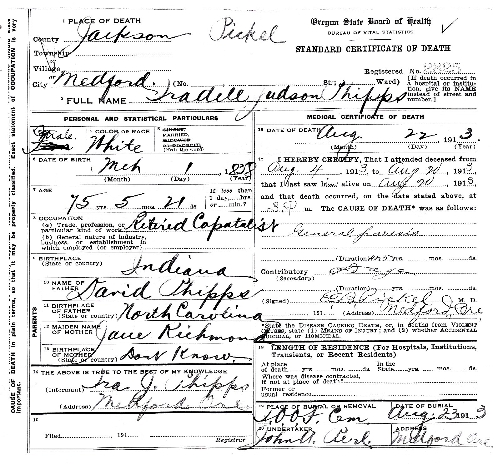 Iradell Judson Phipps death certificate, August 22, 1913