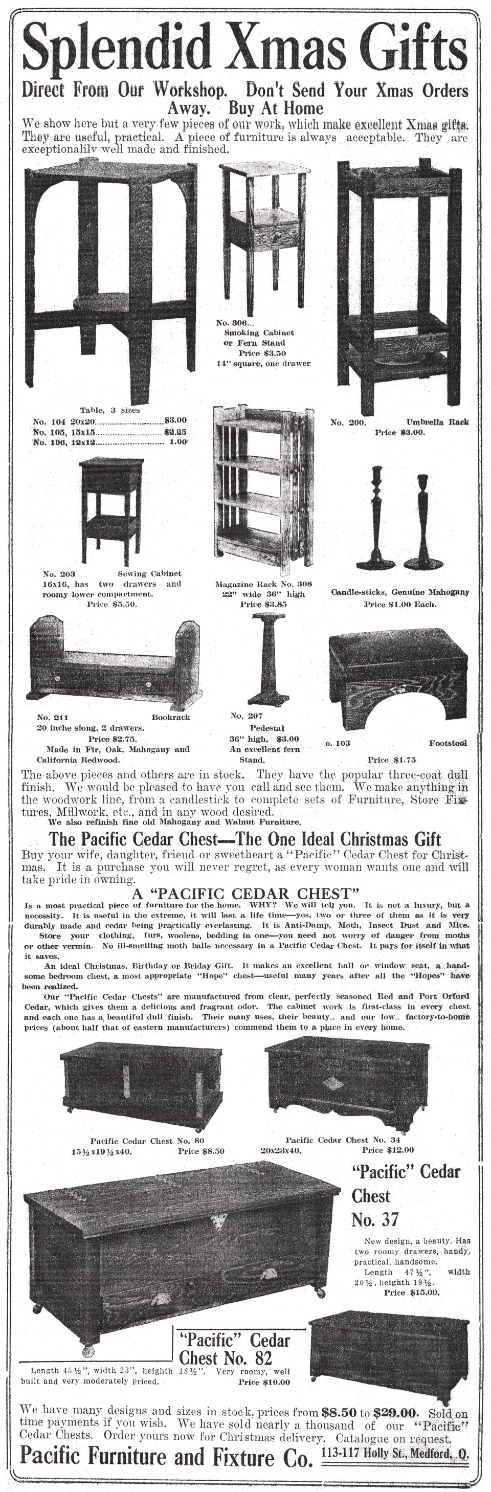 Pacific Furniture and Fixture Co. ad, December 17, 1916 Medford Mail Tribune