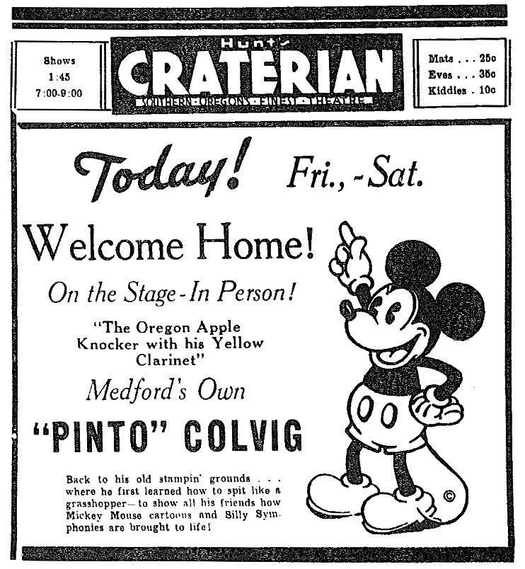 Pinto Colvig ad, August 30, 1934 Medford Mail Tribune