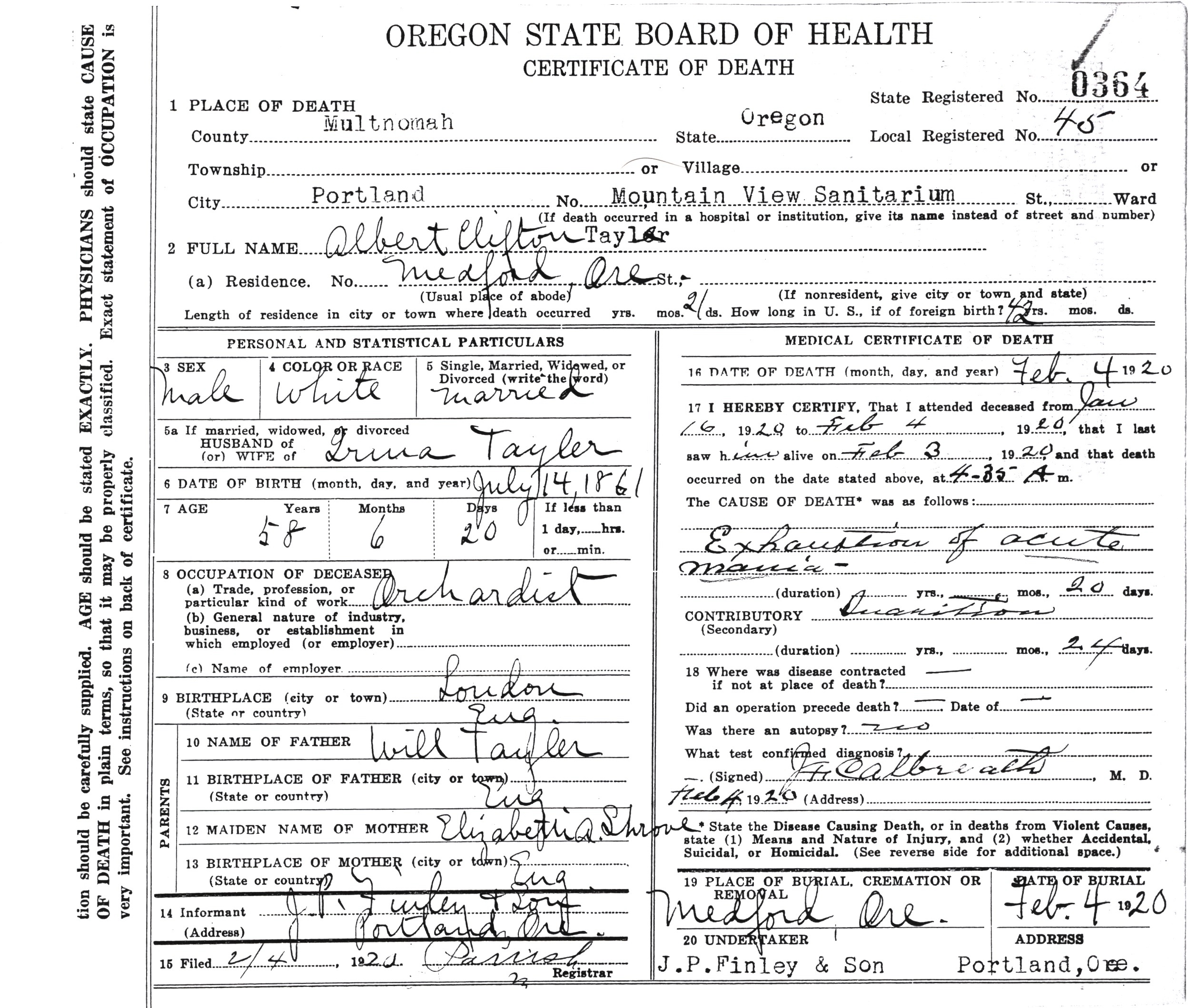 A. C. Tayler Death Certificate